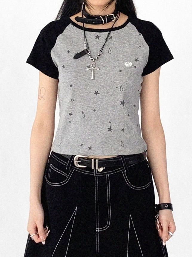 2-Color Colorblock Short Sleeve T-Shirt with Star and Teardrop Print - innomoood