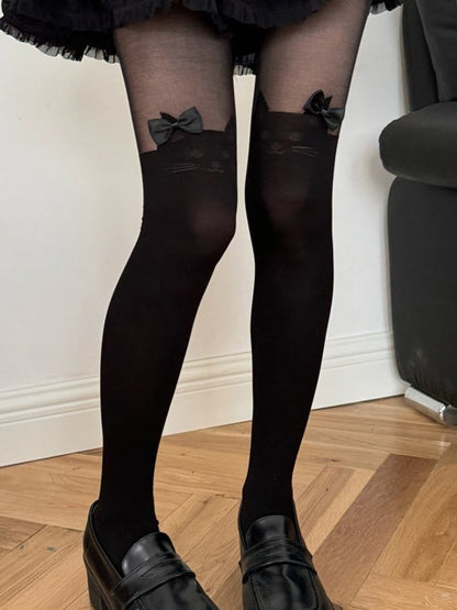 Lolita White/Black Print Bowknot Details Kitty Tights