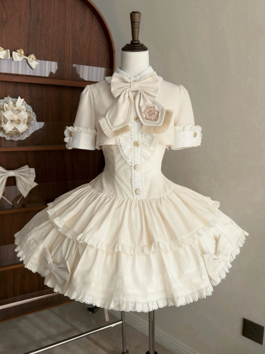 Beige Preppy Striped Two-Piece Gown with Crown Embroidery - Fairy Faith