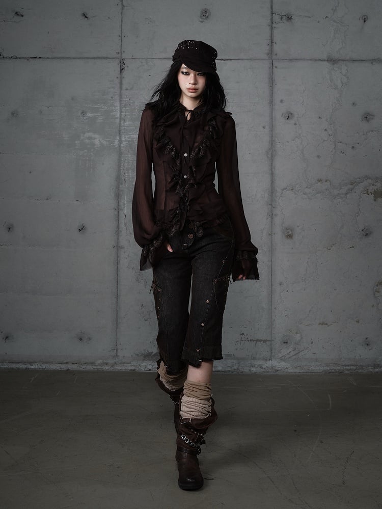 Capris Asymmetrical Denim with Punk Star Distressed Black Vintage Wasteland Pockets Studs