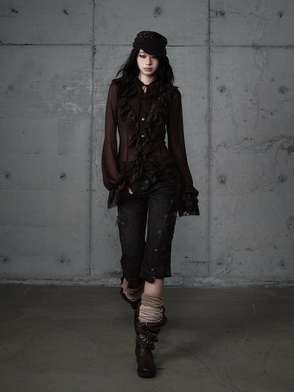 Capris Asymmetrical Denim with Punk Star Distressed Black Vintage Wasteland Pockets Studs