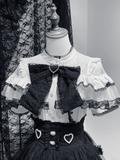 Sleeves Blouse Illusion Neckline White Short Contrast Black Lace with Jirai Kei Trim