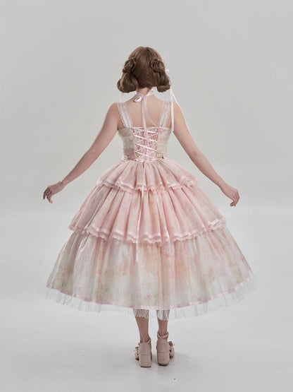 Print Dress JSK and Hem Painting Lolita Detail Oil Embroidery Tiered with Pink