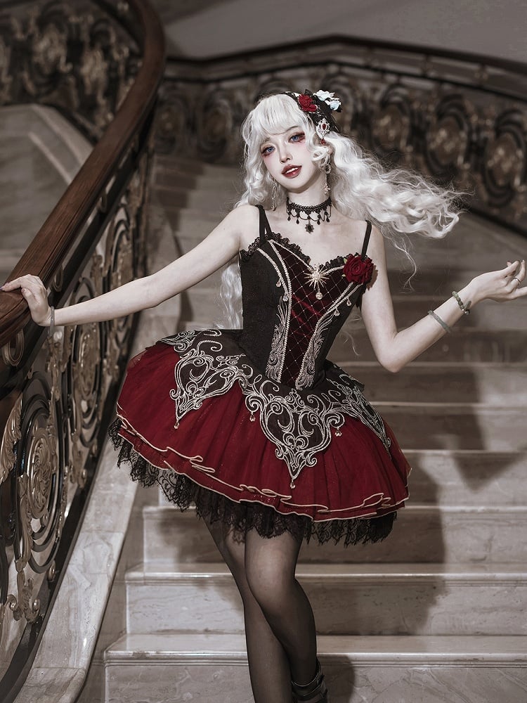 黒と赤のゴシックヴァンパイアの細いショルダーストラップのロリータJSK + ロングベルスリーブボレロ