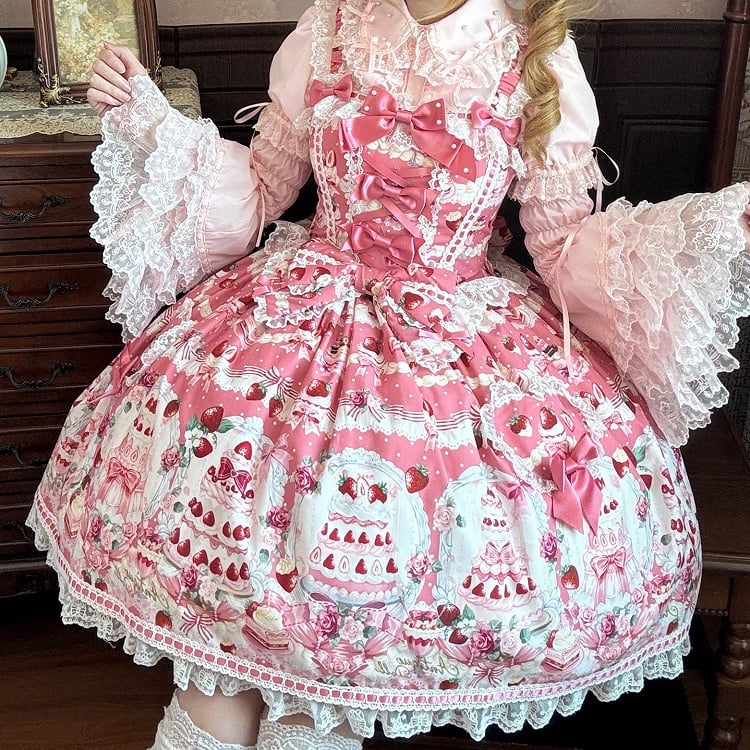Sweet and Set Strawberry Desserts Pink Full JSK Print / Lolita
