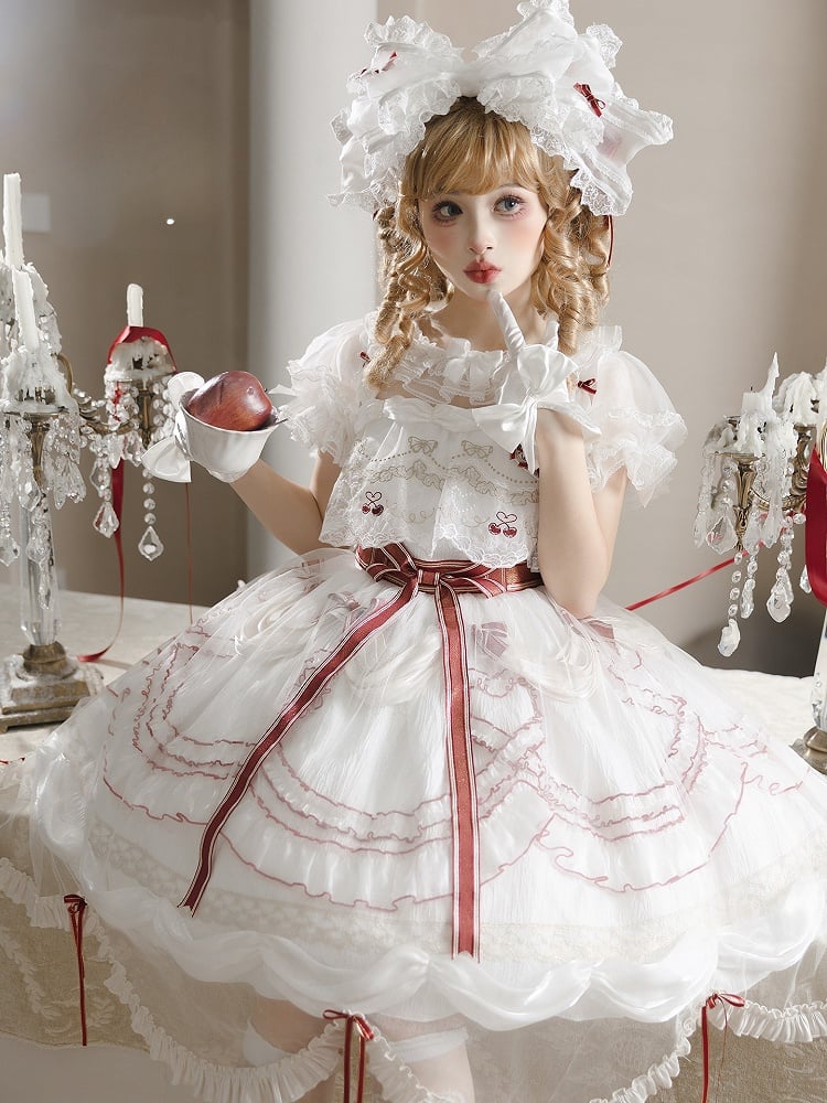 Bowknots Scalloped Red White Edge and Dress Cherry Lolita Embroidered with Overlay Trim Hime