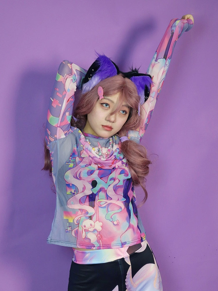 Colorful Y2K Long Print Sleeves Top Sun Semi-sheer Protection Cartoon