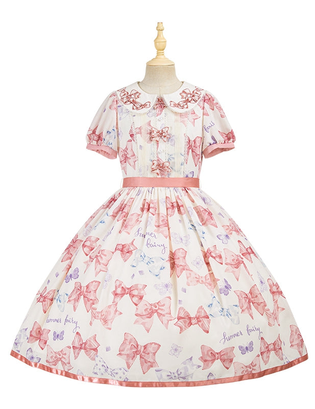 Pink Bowknot Peter Pan Collar Lolita Dress Bows and Butterfly Print One Piece