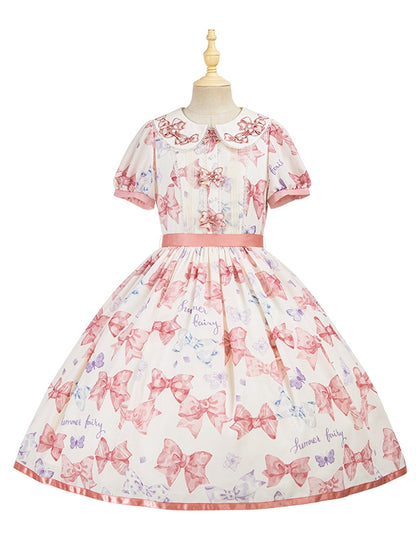 Pink Bowknot Peter Pan Collar Lolita Dress Bows and Butterfly Print One Piece