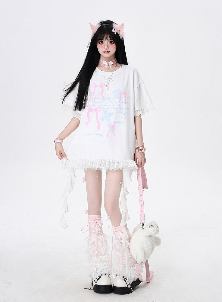 Bowknots Print Loose with Cascading Ruffle Accents Bittersweet T-Shirt White