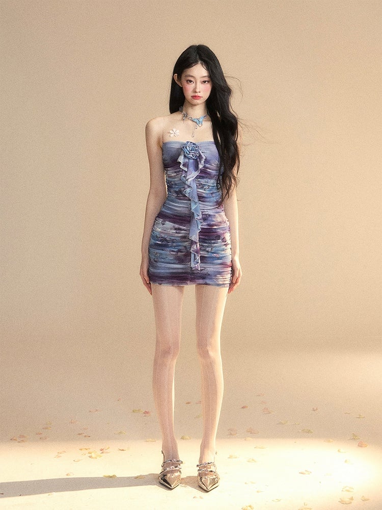 Slip-Kleid Details Glamouröse Mini Blau Ölgemälde Druck Allover Gathering