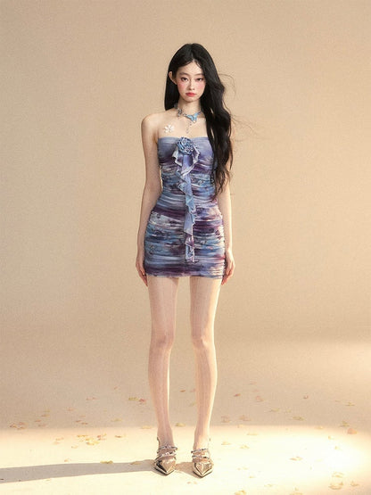 Slip-Kleid Details Glamouröse Mini Blau Ölgemälde Druck Allover Gathering