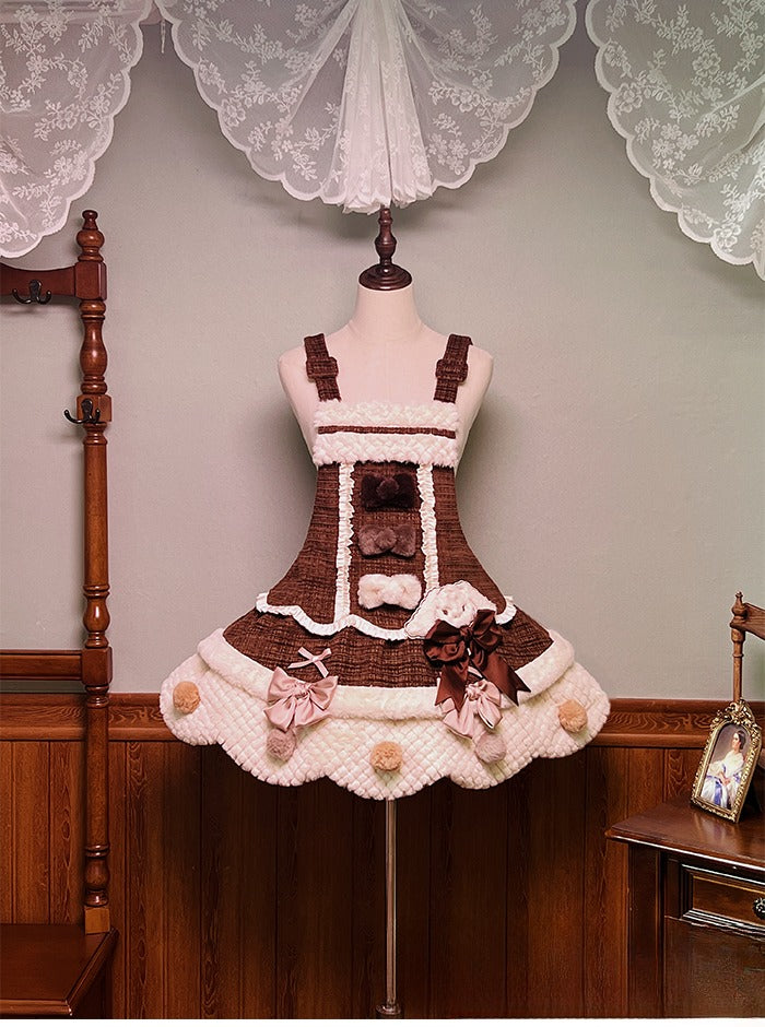 Kleid und Lolita-Overall mit gewelltem braun-weißem Rand und Pompons und Schleifen