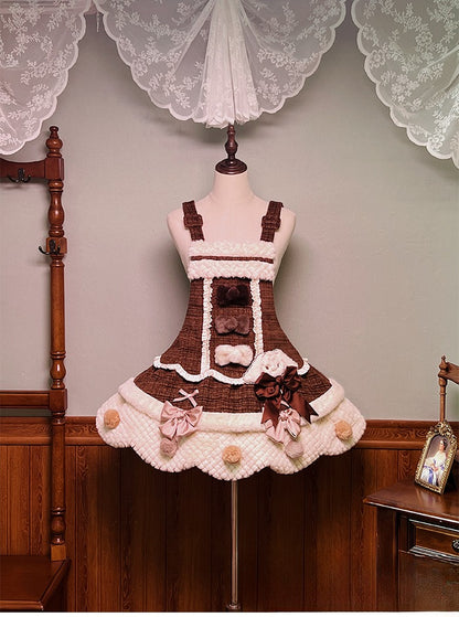 Kleid und Lolita-Overall mit gewelltem braun-weißem Rand und Pompons und Schleifen