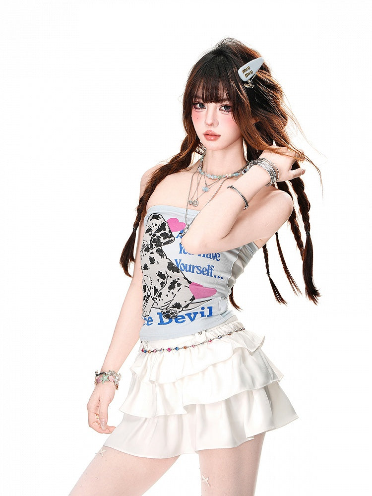 Glamouröses trägerloses Top mit gepunktetem Hundedruck und Patchwork-Design auf der Rückseite in Grau/Blau