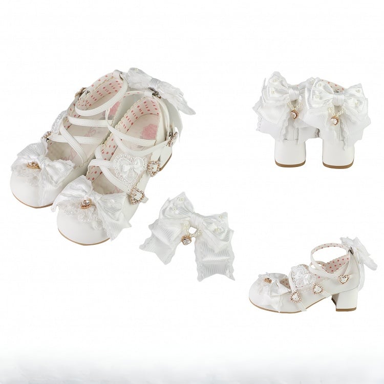 Lolita Crisscross Schnalle Heels 5CM Bowknot Design Details Herz Schuhe Block Weiß Straps Süße