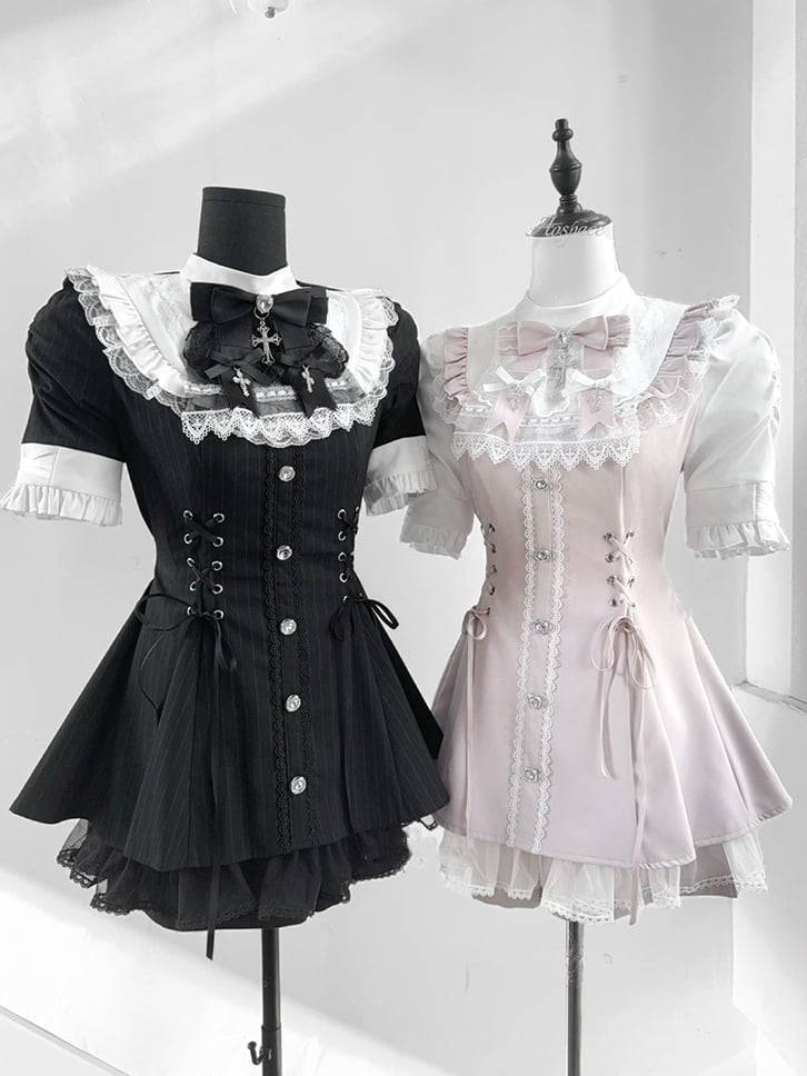 Set - Coord Jirai Striped Kei Waist Black Lace-Up