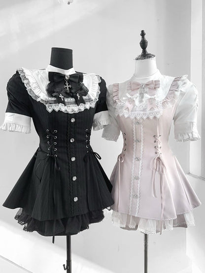 Set - Coord Jirai Striped Kei Waist Black Lace-Up