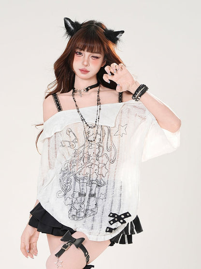 ネックライン ルーズ ブラック/ホワイト ガールプリント Tシャツ オフショルダー