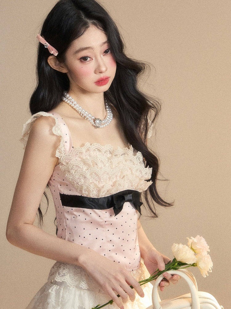 Glamorous Rosa Polka-Dot Muster Ärmelloses Top Rüschen Spitze Trim Detail Schleife