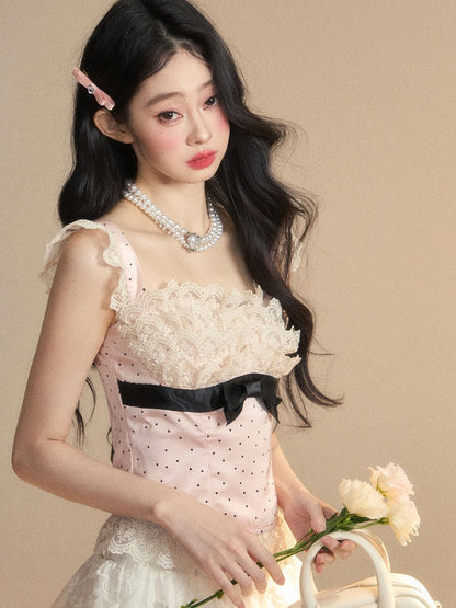 Glamorous Rosa Polka-Dot Muster Ärmelloses Top Rüschen Spitze Trim Detail Schleife