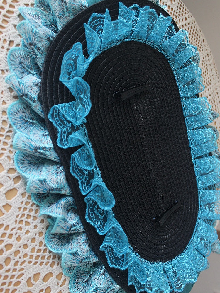 Trim Design Decorated Bonnet Lace Feather Bowknot Blue Rhinestone Peacock