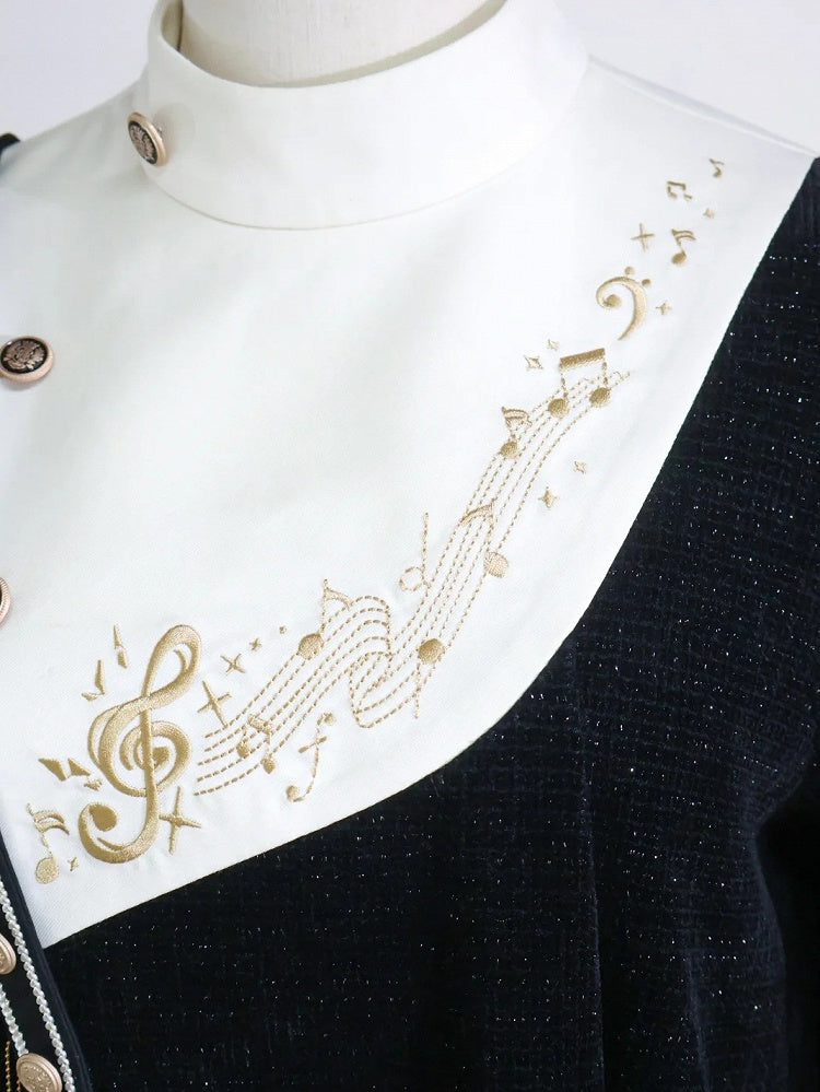 Schwarzes Ouji-Oberteil mit glitzernder Waffelstruktur, Musiknoten und Fransenschärpe