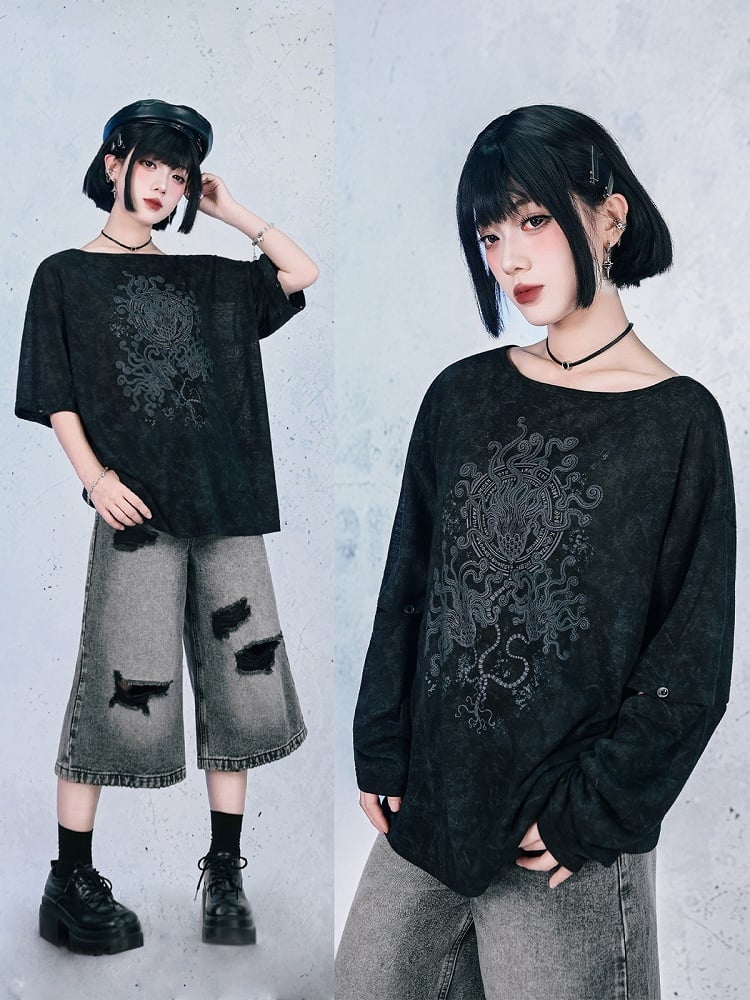 Black Detachable Sleeve UV Tee with Sea Lily Print - Quirky Hut