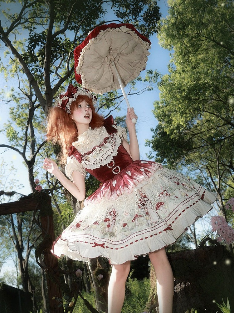 Red Velvet Mushroom JSK Dress with Heart Motif - Honey Machine