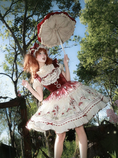 Red Velvet Mushroom JSK Dress with Heart Motif - Honey Machine