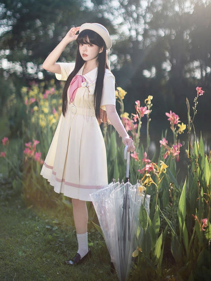 mit Faltenkasten Matrosengelb Milch Taille Kleid Rock Kragen Gürtel