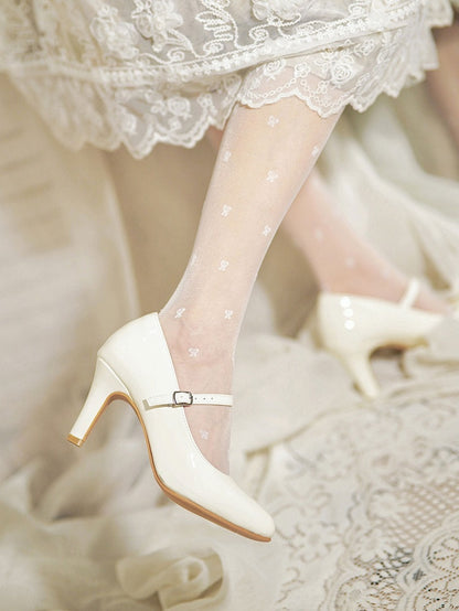Pointed Closure for Elegant with Buckle Mid-heel/High-heel Ornate Janes Lolita White - Toe Mary