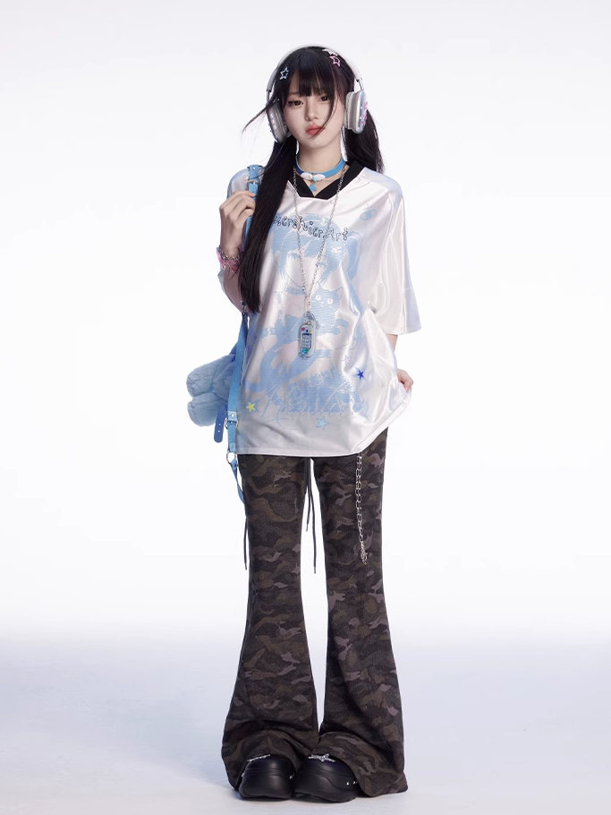 V-Ausschnitt Blau/Rosa Blokette T-Shirt Anime Girl Print Core Loose