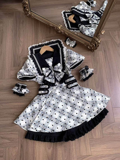 Jirai Kei Sailor Collar Black Polka Dot Bow Dress - Ekomi