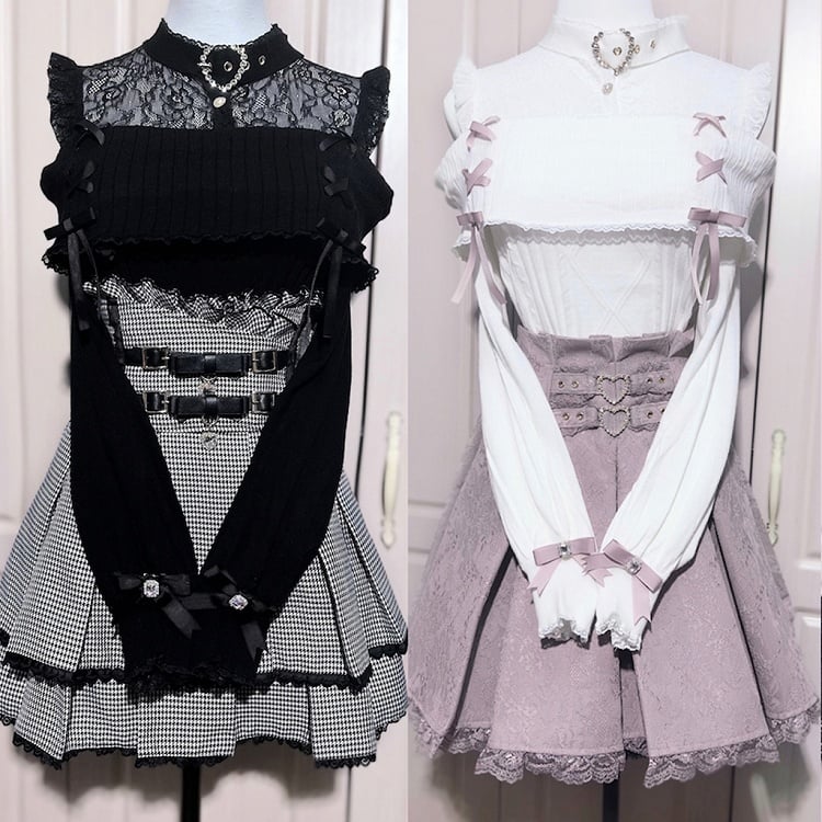 Sweater：Illusion Pink White Jirai Shoulder with Knit Open Buckle Neckline Kei