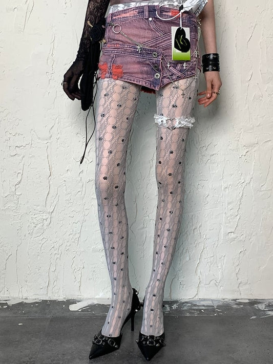 Cat Paw Tights Print Y2K White