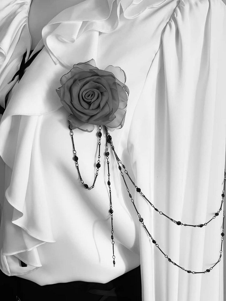 Ivory Cascading Ruffle Shirt with Gray Floral Chains - Shi Zhi Mao