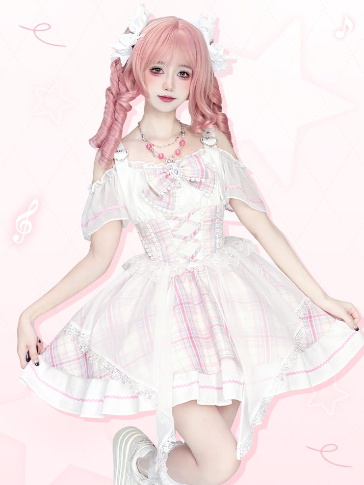 with Off-the-shoulder Pink Skirt Neckline Sweet Bowtie Lolita Jumper Free Idol Plaid