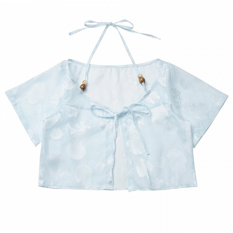 Light Blue Chiffon Cardigan with Seashell Pattern - PINK SAVIOR