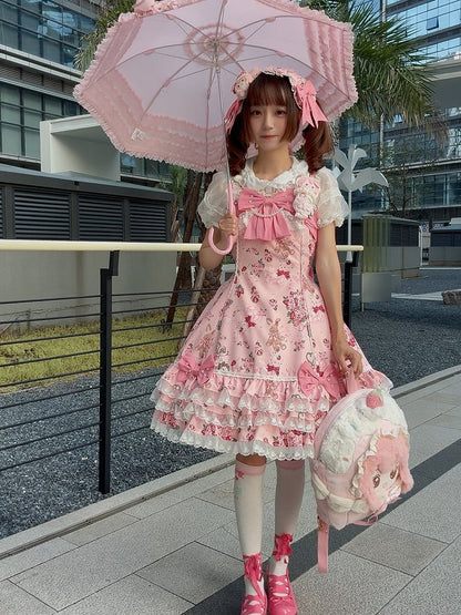 Trim Pink Floral Sweet Dress Lace Bow Lolita Accents Bunny and with Print