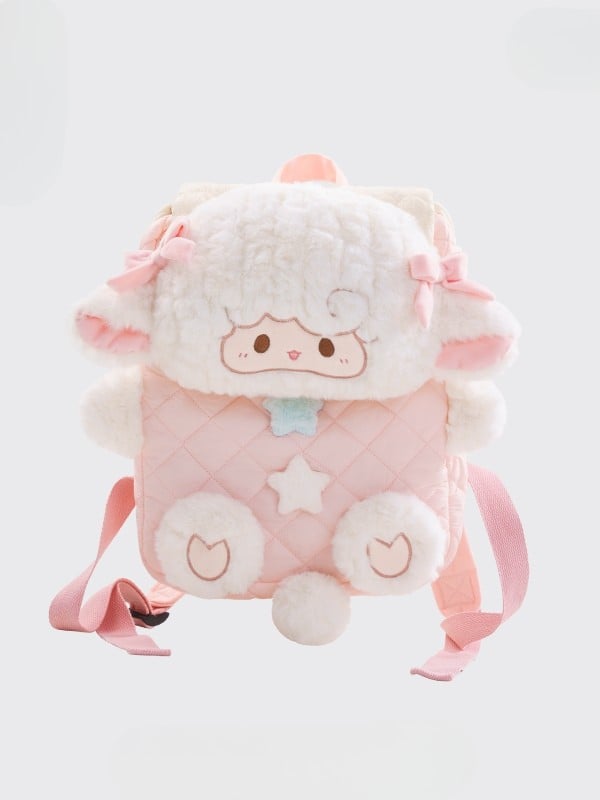 Star Diamond WhitePink Bowknot And Pattern Backpack Plush Flap Decorated Lamb
