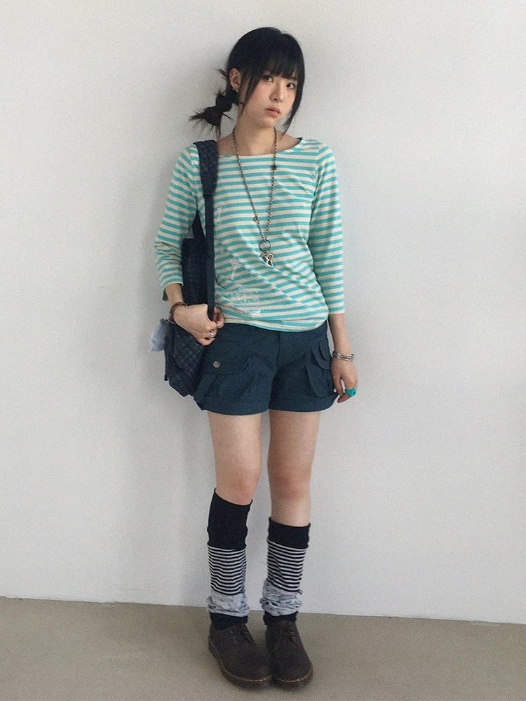 Mint Striped Wide Round Neck Long Sleeve T-shirt with Key and Iron Gate Print - innomoood