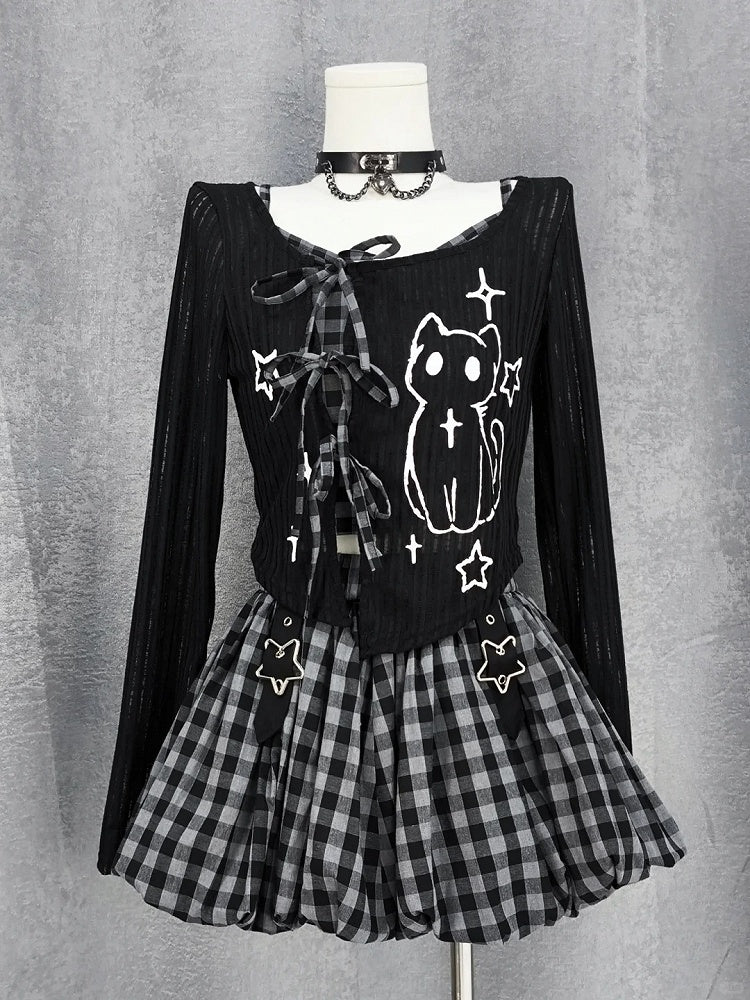 Plaid Bubble Skirt Y2K Gray / Red Star Buckles Black Black