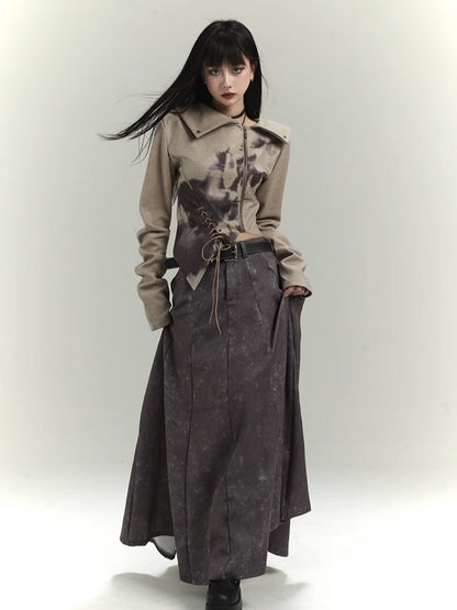 ウェイストランドパンク カーキ アシンメトリーヘム クロップドジャケット（フロントにレースアップディテール）