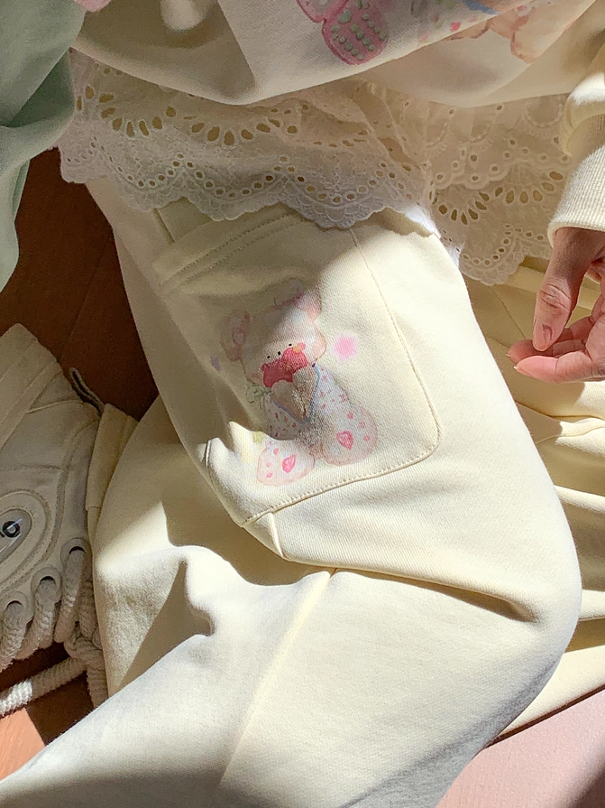 Wide-Leg Casual Pants Regular/Short Version Print Creamy Yellow Elastic Waist Teddy Bear