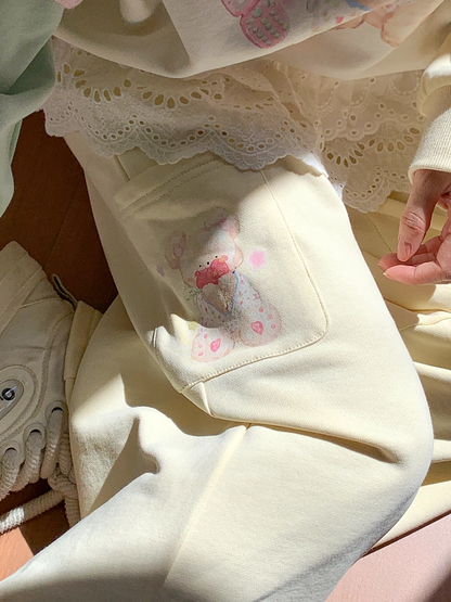 Wide-Leg Casual Pants Regular/Short Version Print Creamy Yellow Elastic Waist Teddy Bear