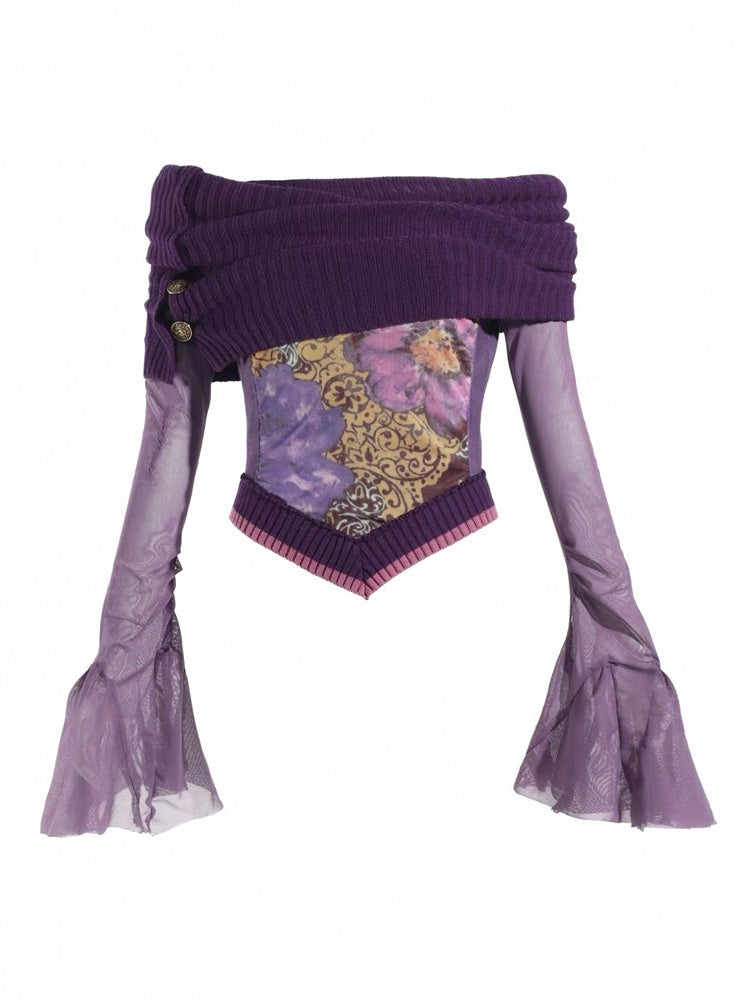 Sleeve Collar Floral - Accent Bell Knitted Top Purple Deep Print