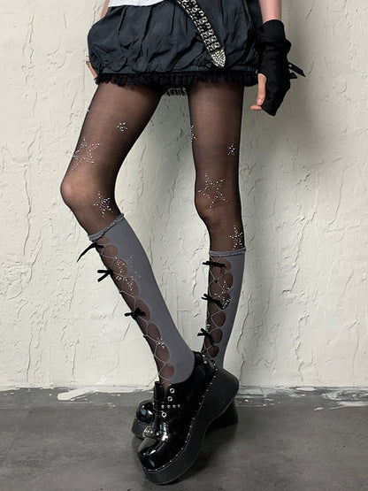 Y2K Underknee Gray Stockings Cut-out Design Details Bowknot
