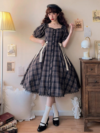 Black Dress Fit Pattern Slim Waist Plaid Short Sleeves Lolita