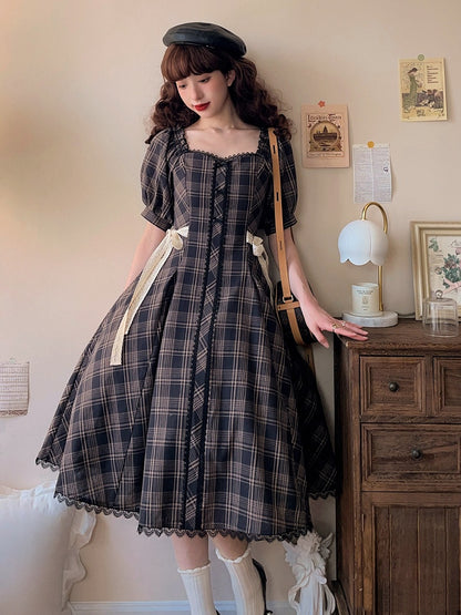 Black Dress Fit Pattern Slim Waist Plaid Short Sleeves Lolita